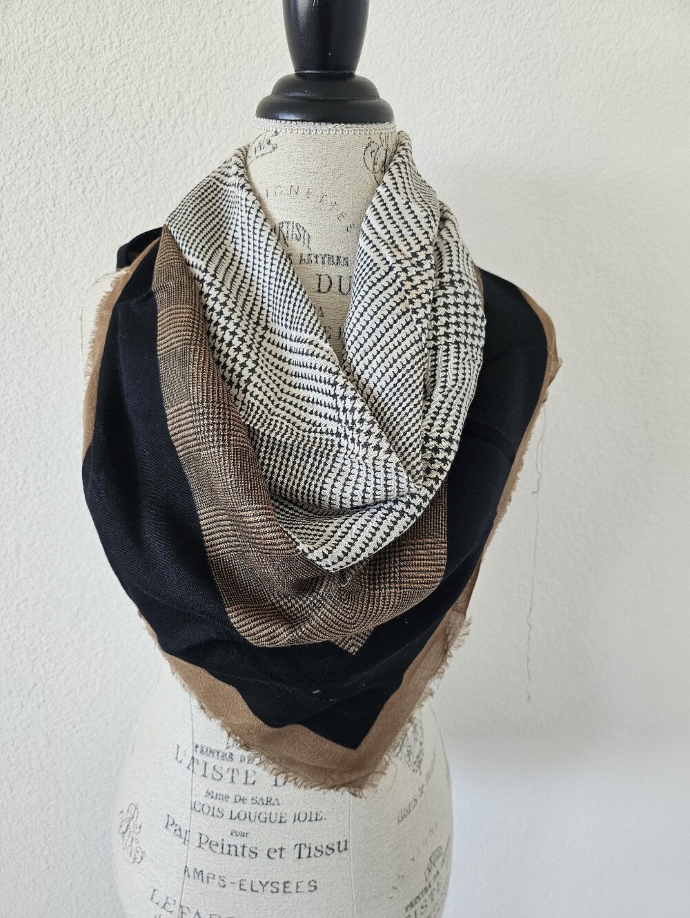 Vintage Italian Rayon Square Scarf Robinson's Houndstooth Glen Plaid Tan Black